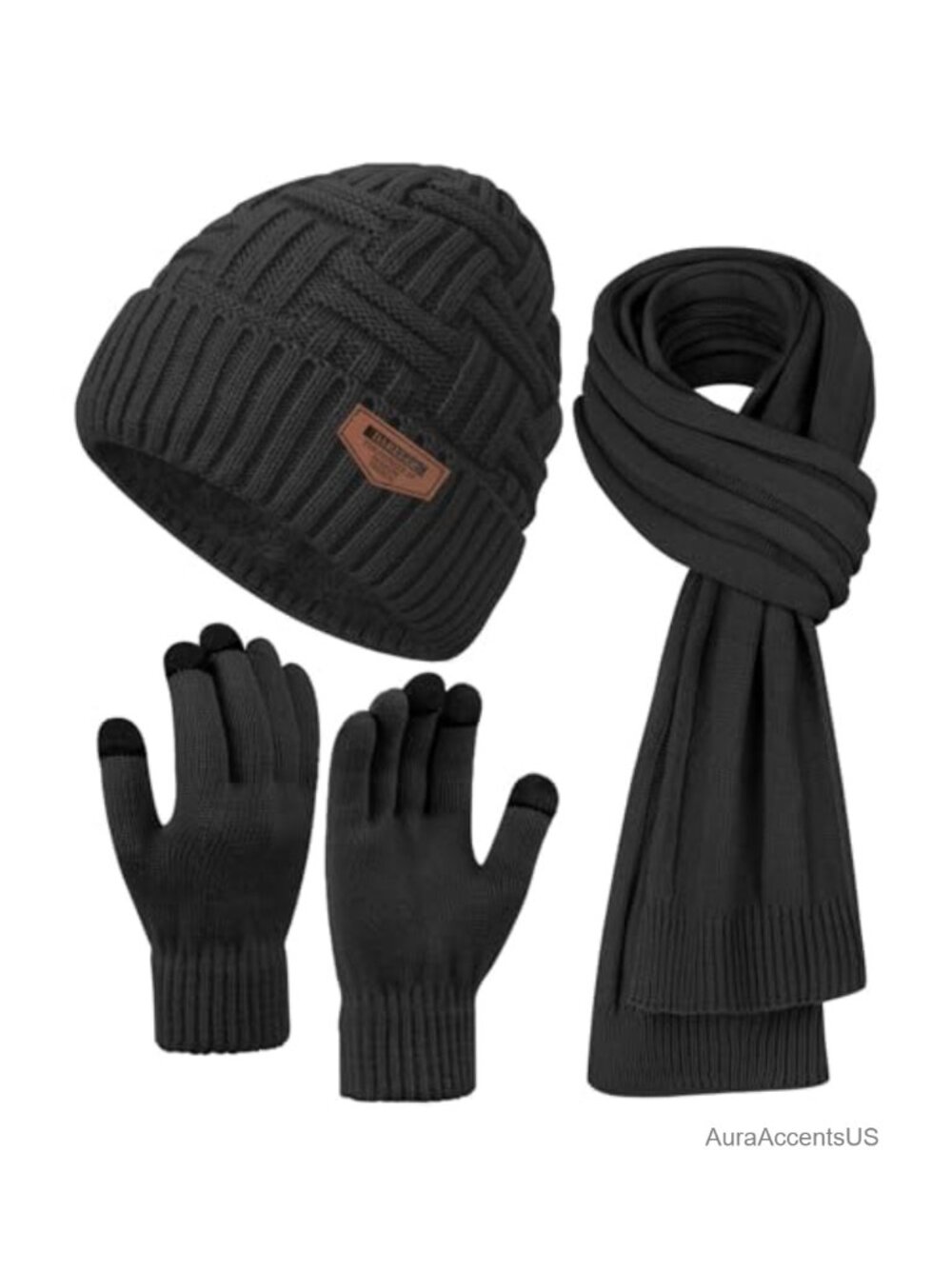 Men's Winter Scarf Beanie Gloves 3-Piece Acrylic Knit Set Touchscreen